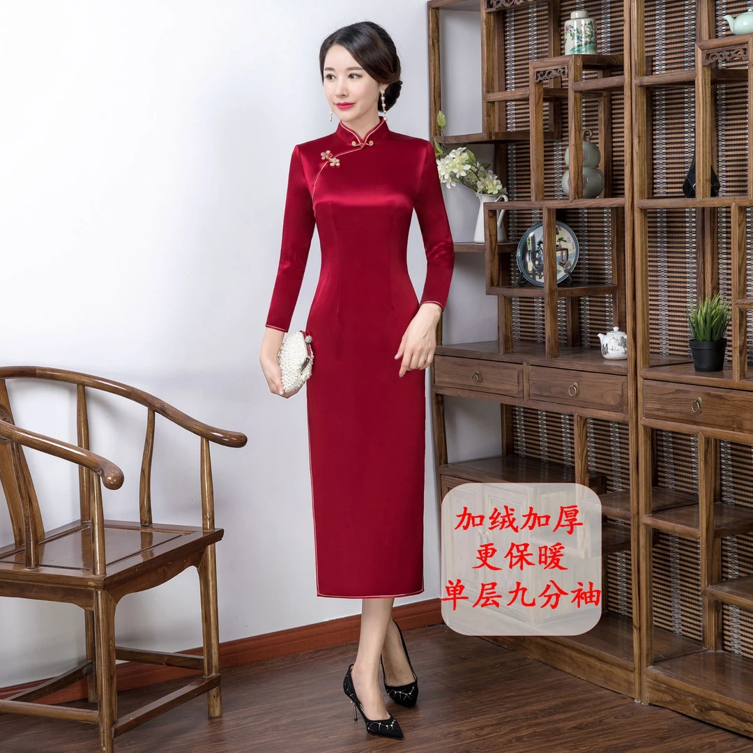 F02-2025秋冬改良旗袍连衣裙修身加绒七分袖长款喜庆结婚敬酒大码