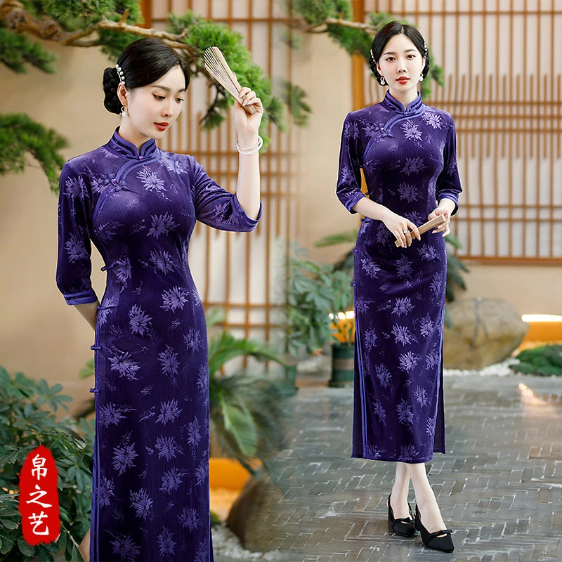 M17老上海旗袍23年秋冬新款日常复古中国风连衣裙妈妈装气质旗袍