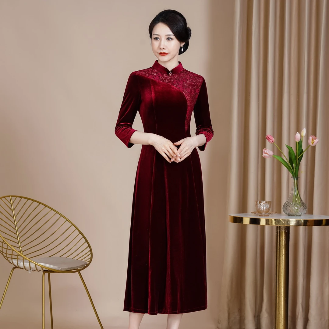 F78秋装2025新款改良韩国绒喜婆婆喜妈旗袍时尚大摆长款洋气显瘦