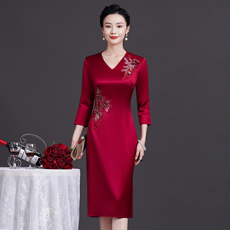 935-秋冬时尚结婚妈妈礼服高贵喜服高端大码喜婆婆婚宴旗袍连衣裙