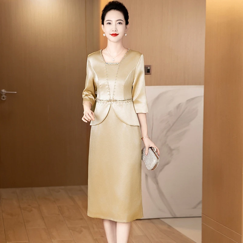 J216秋冬2025新款高贵钉珠假两件礼服连衣裙喜婆婆宴会敬酒显年轻