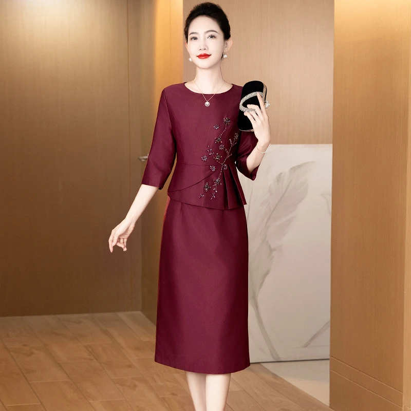 J213春秋新款2025敬酒时尚假两件喜婆婆婚宴礼服连衣裙显瘦减龄