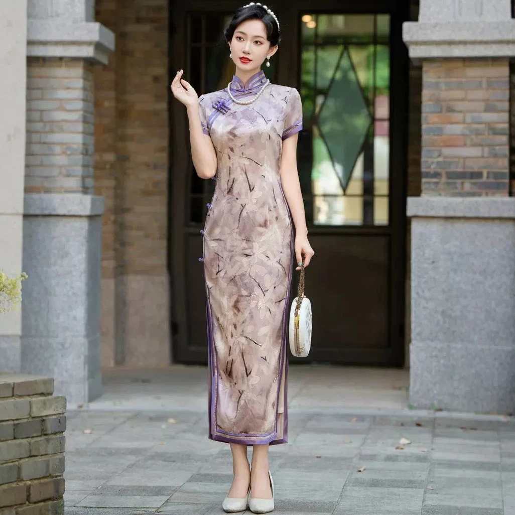 紫色高档旗袍新款夏季日常复古改良烫金国风连衣裙气质长款女款