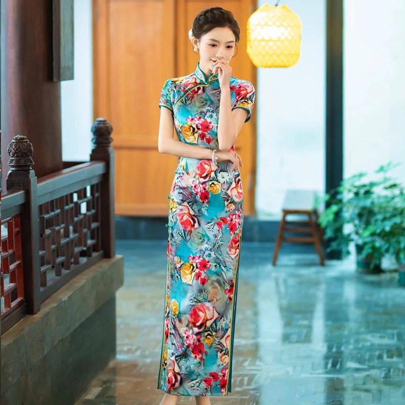 A97-新款真丝旗袍2025年轻款高端气质国风长款改良版桑蚕丝连衣裙