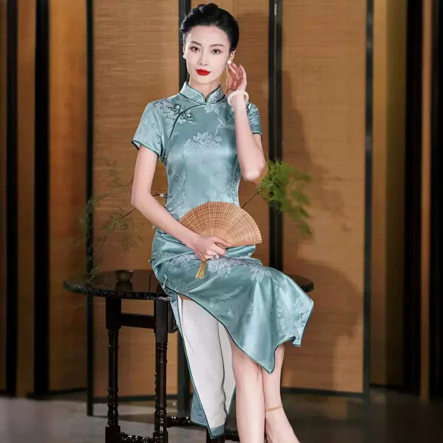 C52高端交织桑蚕丝真丝旗袍2025新款夏气质国风年轻款改良连衣裙