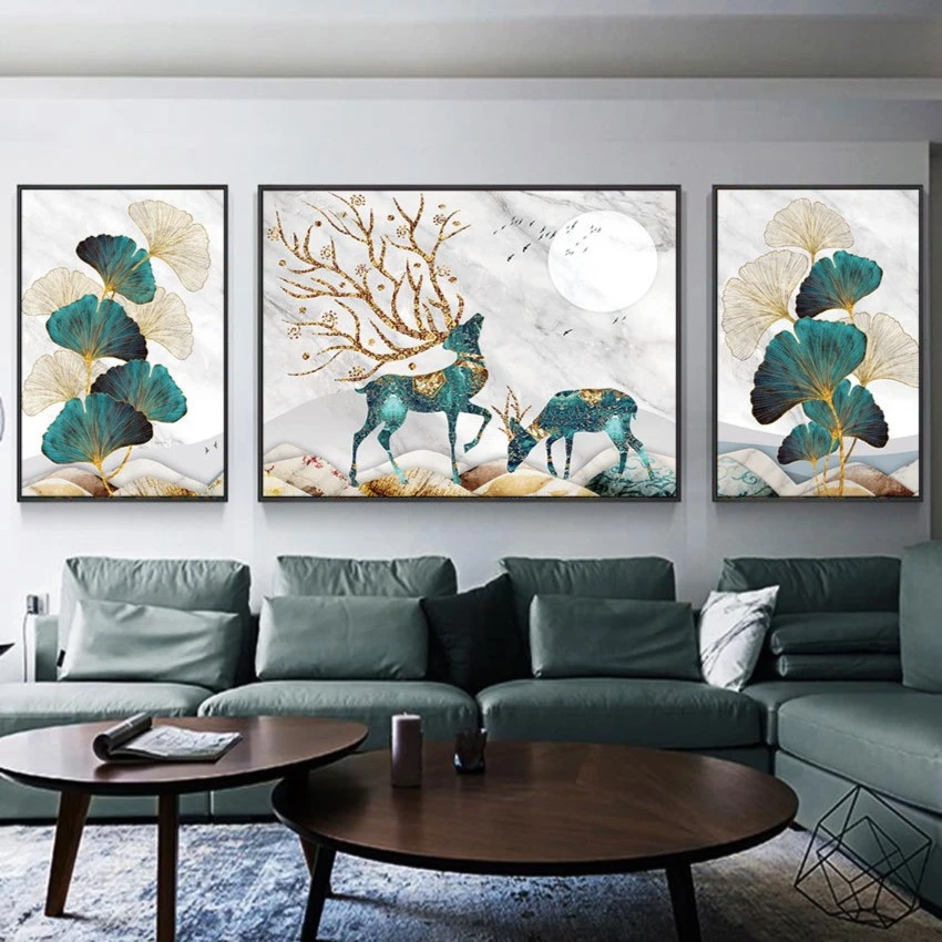 十字绣2024新款线绣客厅三联画简约麋鹿手工绣卧室银杏叶花卉满绣