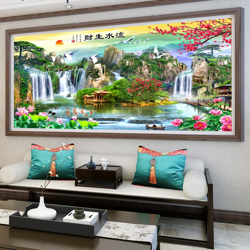 流水生财十字绣2024新款线绣刺绣客厅自己绣高端仙鹤麋鹿花卉大幅