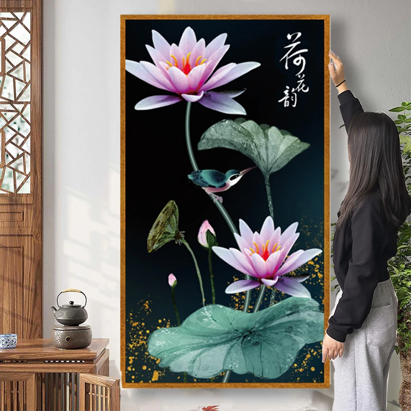 荷花韵十字绣2024年新款线绣客厅玄关竖版自己绣简单睡莲花卉小幅