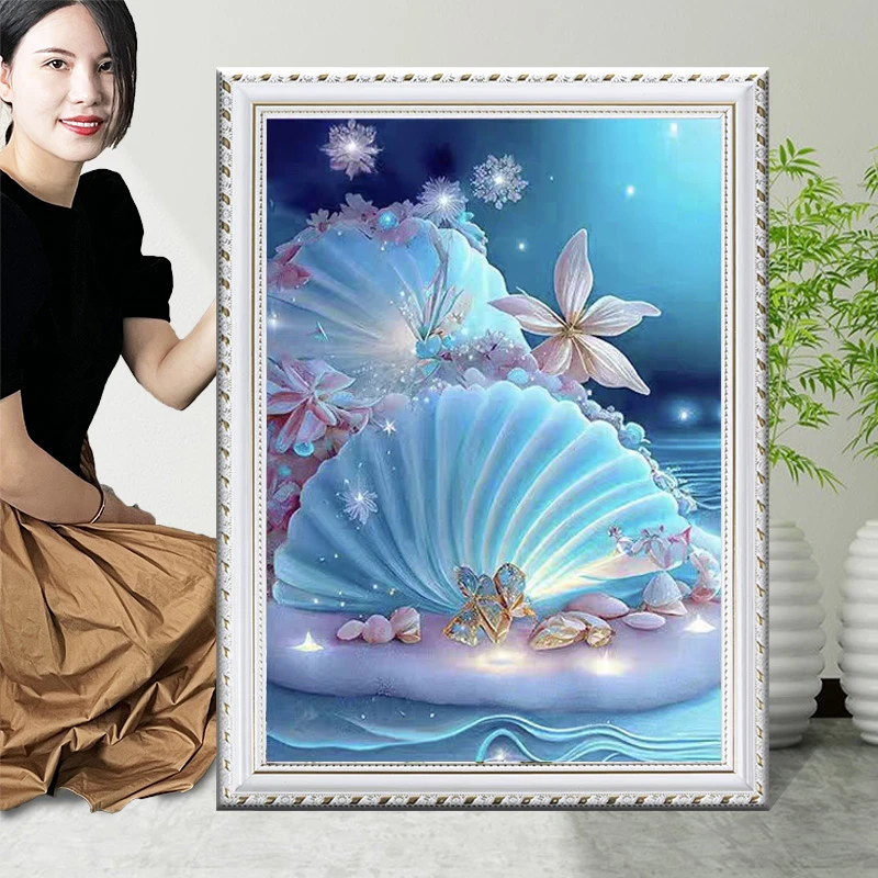 海边贝壳十字绣2024新款线绣客厅玄关自己绣简单蓝色贝壳风景小件