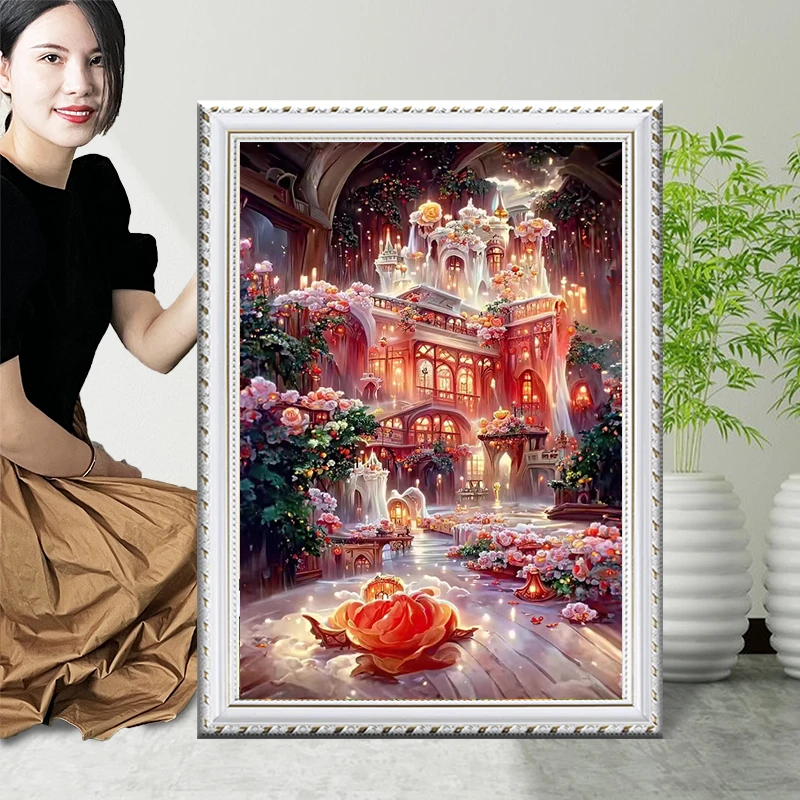 玫瑰城堡十字绣2024新款线绣卧室客厅自己绣简单欧式梦幻风景小幅