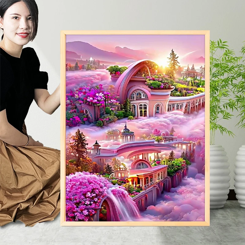 粉色城堡十字绣2024新款线绣客厅玄关自己绣简单浪漫花园风景小件