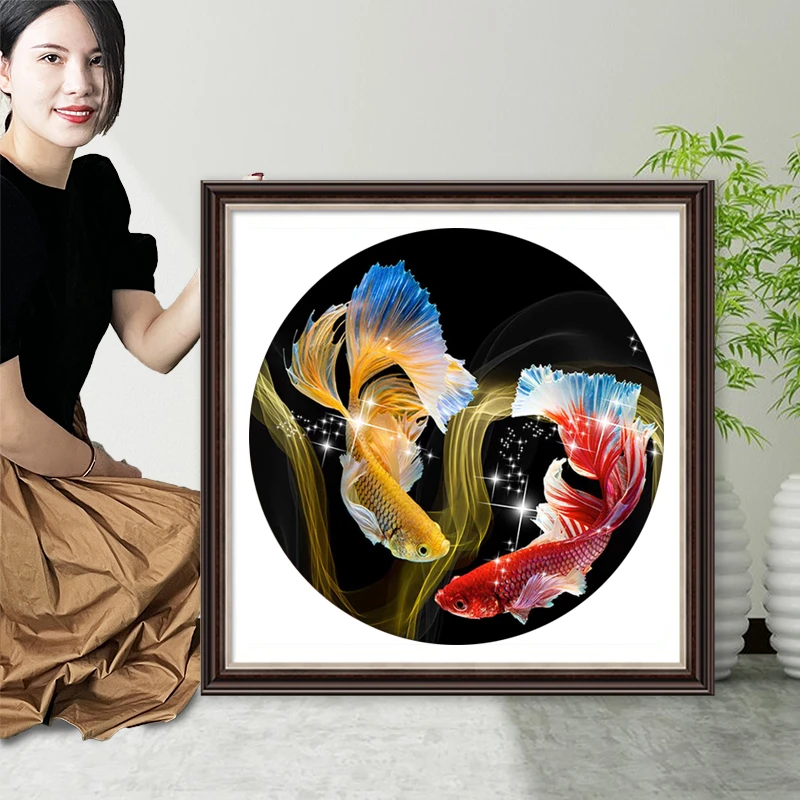 年年有余十字绣2024年新款线绣客厅玄关自己绣简单圆形双锦鲤小件