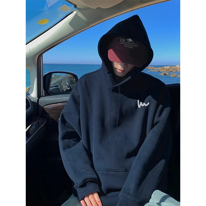 美式潮流连帽衫卫衣男秋冬季宽松加绒加厚国潮印花长袖藏青外套