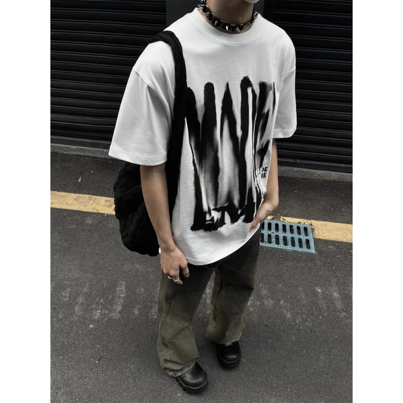 重磅硬挺纯棉几何印花白色短袖t恤男夏季宽松圆领街头小众ins上衣