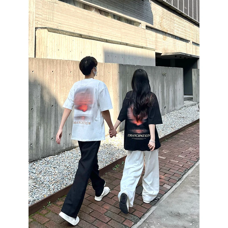 100%重磅纯棉港风百搭情侣装印花短袖t恤男宽松夏季ins潮韩版上衣