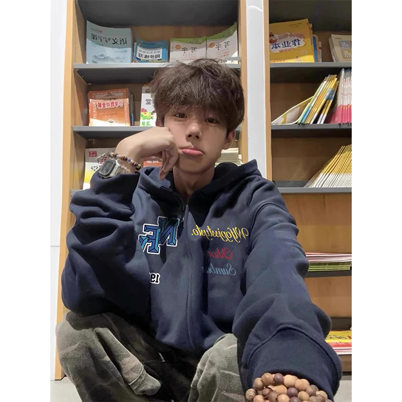 美式加绒加厚连帽开衫卫衣男秋冬季宽松时尚潮流复古印花拉链外套