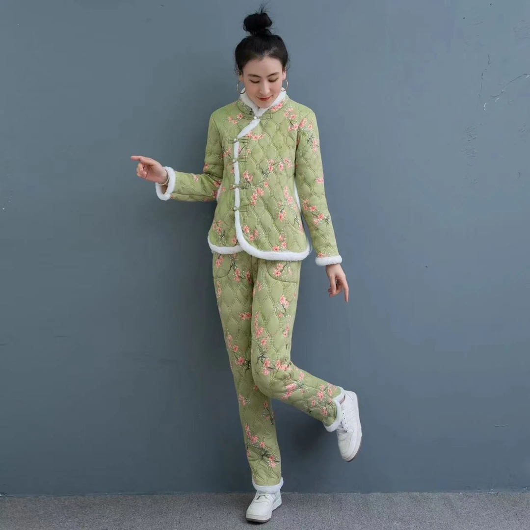 东北大花袄棉裤加绒加厚棉衣两件套女唐装中国风姐妹保暖棉袄套装