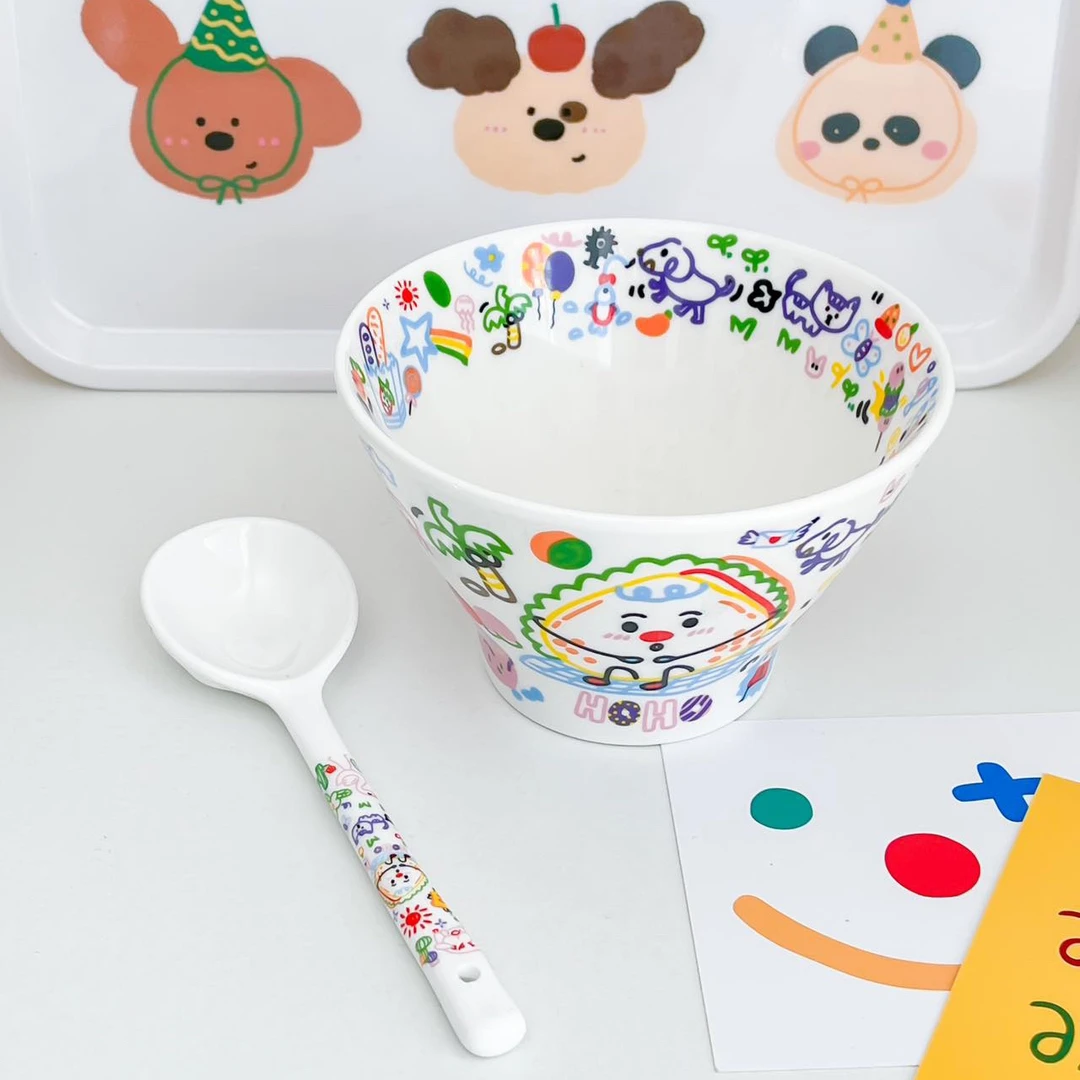 哑光2件套涂鸦斗笠碗ins风少女心卡通萌趣餐具米饭碗套装儿童餐具