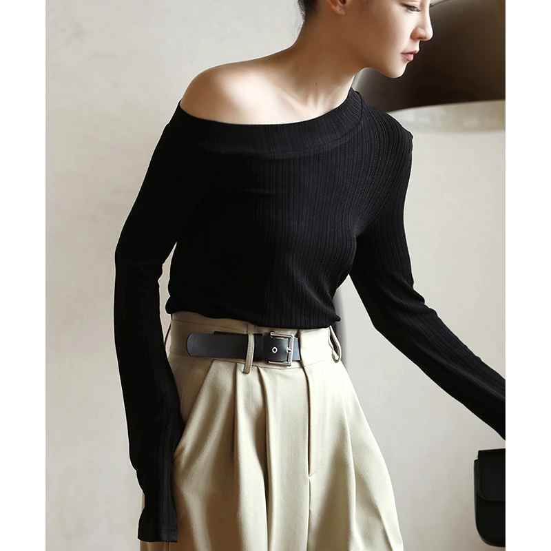 黑色斜肩打底衫女秋冬内搭不对称领气质落肩露锁骨针织上衣高级感
