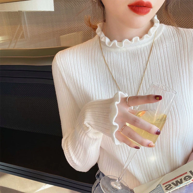 白色荷叶边打底衫女秋冬内搭半高领木耳边毛衣针织衫长袖套头上衣