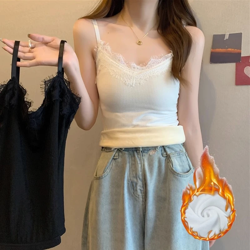 蕾丝小吊带背心女秋冬季加绒加厚内搭超火网红一体绒打底保暖上衣