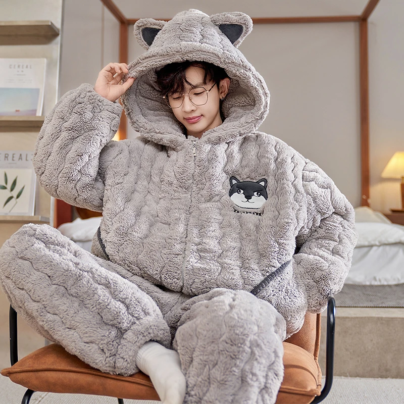 YUZHAOLIN/俞兆林加厚保暖男士珊瑚绒三层夹棉青少年休闲连帽睡衣