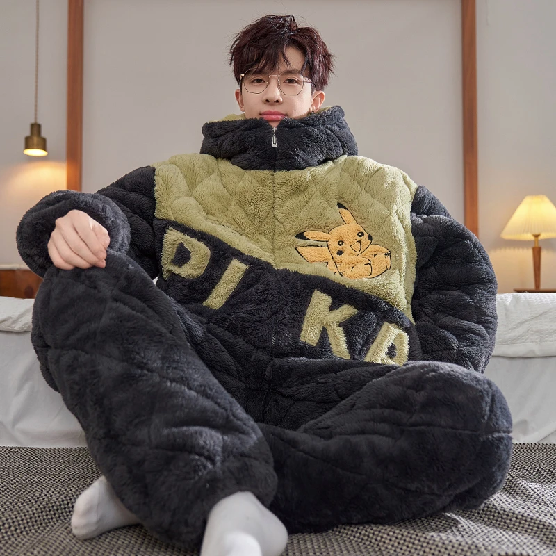 YUZHAOLIN/俞兆林加厚款珊瑚绒三层夹棉男士拉链连帽款睡衣两件套