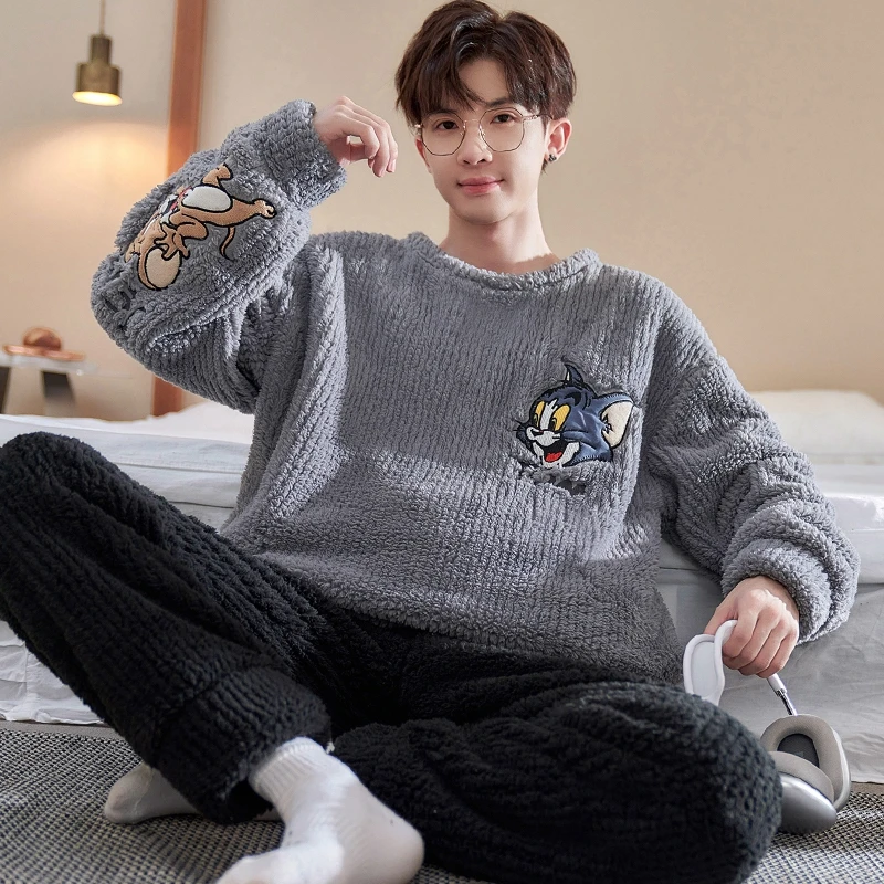 YUZHAOLIN/俞兆林卡通可外穿青少年男士秋冬季珊瑚绒保暖睡衣套装