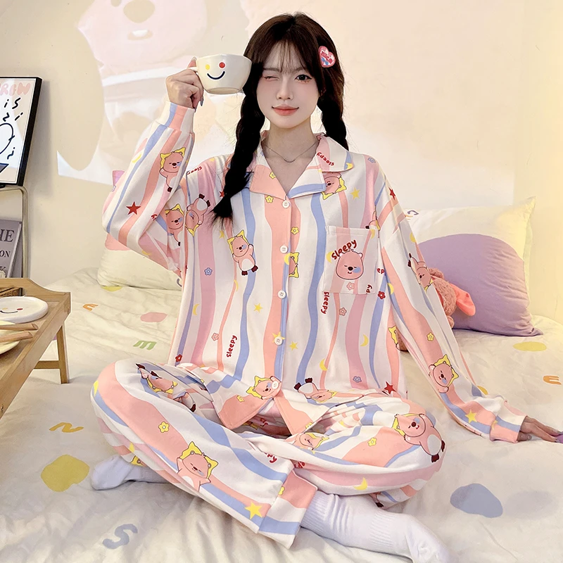 YUZHAOLIN/俞兆林春秋季可爱风长袖翻领纯棉宽松睡衣套装甜美少女