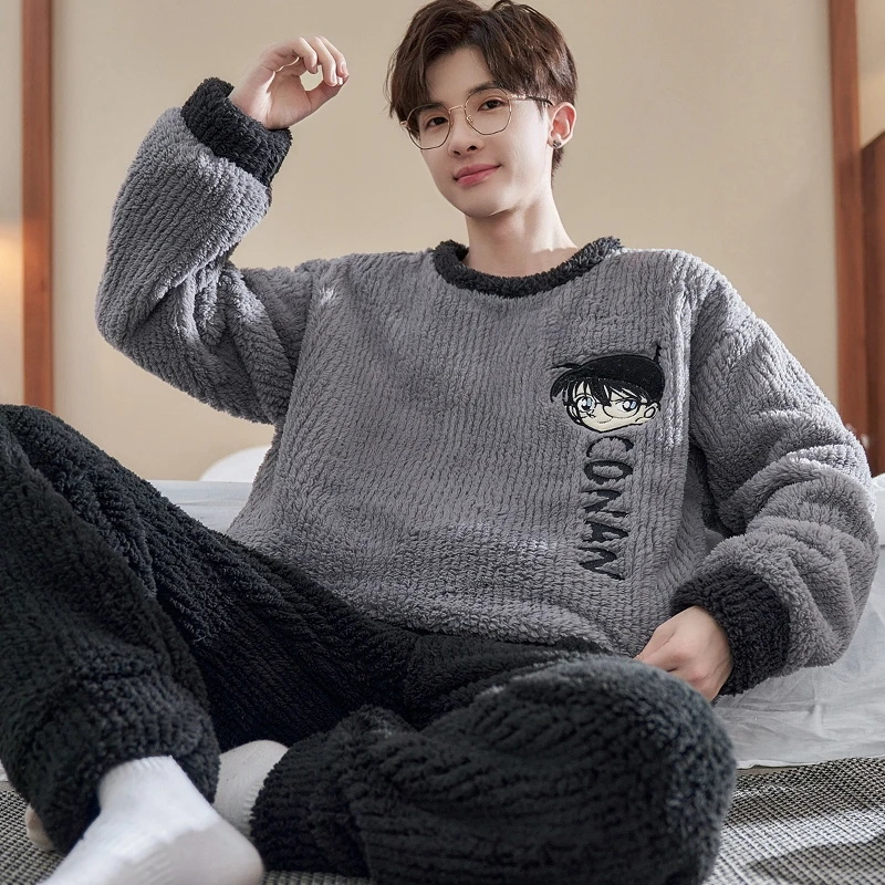 YUZHAOLIN/俞兆林休闲加厚款青少年珊瑚绒长袖圆领睡衣男士家居服