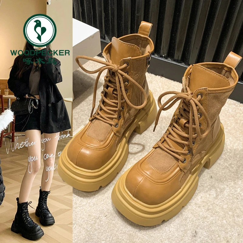 啄木鸟马丁靴女款2024新款秋季英伦风靴子小短靴系带工装靴机车靴