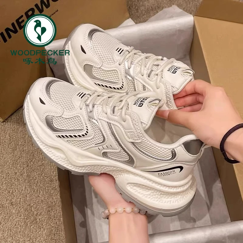 啄木鸟网红透气厚底老爹鞋女2024新款秋季增高百搭休闲运动跑步鞋