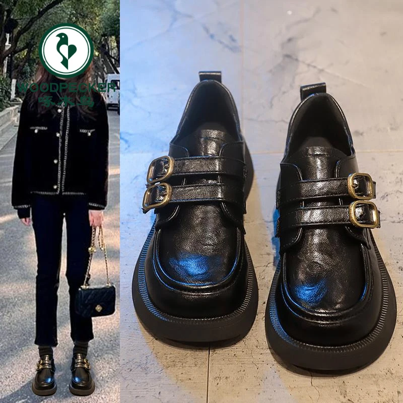 啄木鸟小皮鞋女2024秋季新款乐福鞋配裙子jk单鞋软底通勤工作鞋子