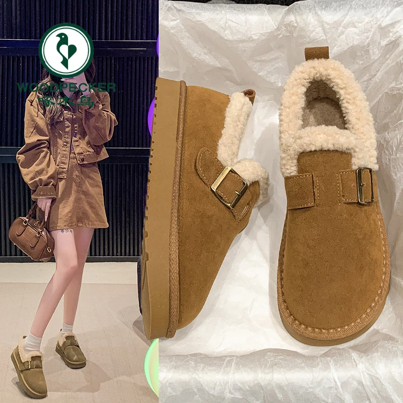 啄木鸟勃肯鞋女加绒2024冬季新款软底一脚蹬豆豆鞋舒适保暖毛毛鞋