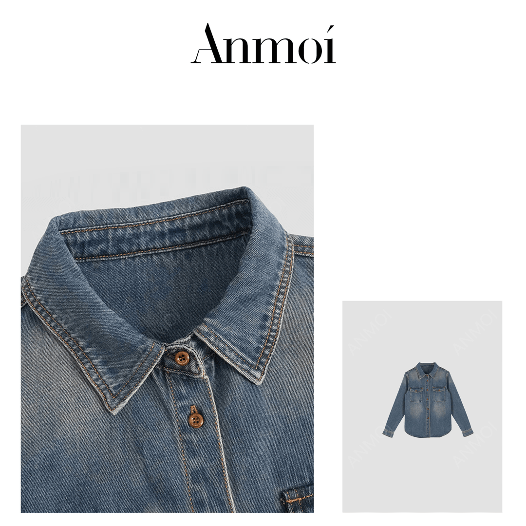 ANMOI"云梦泽"春秋牛仔长袖翻领口袋宽松休闲时尚复古百搭上衣