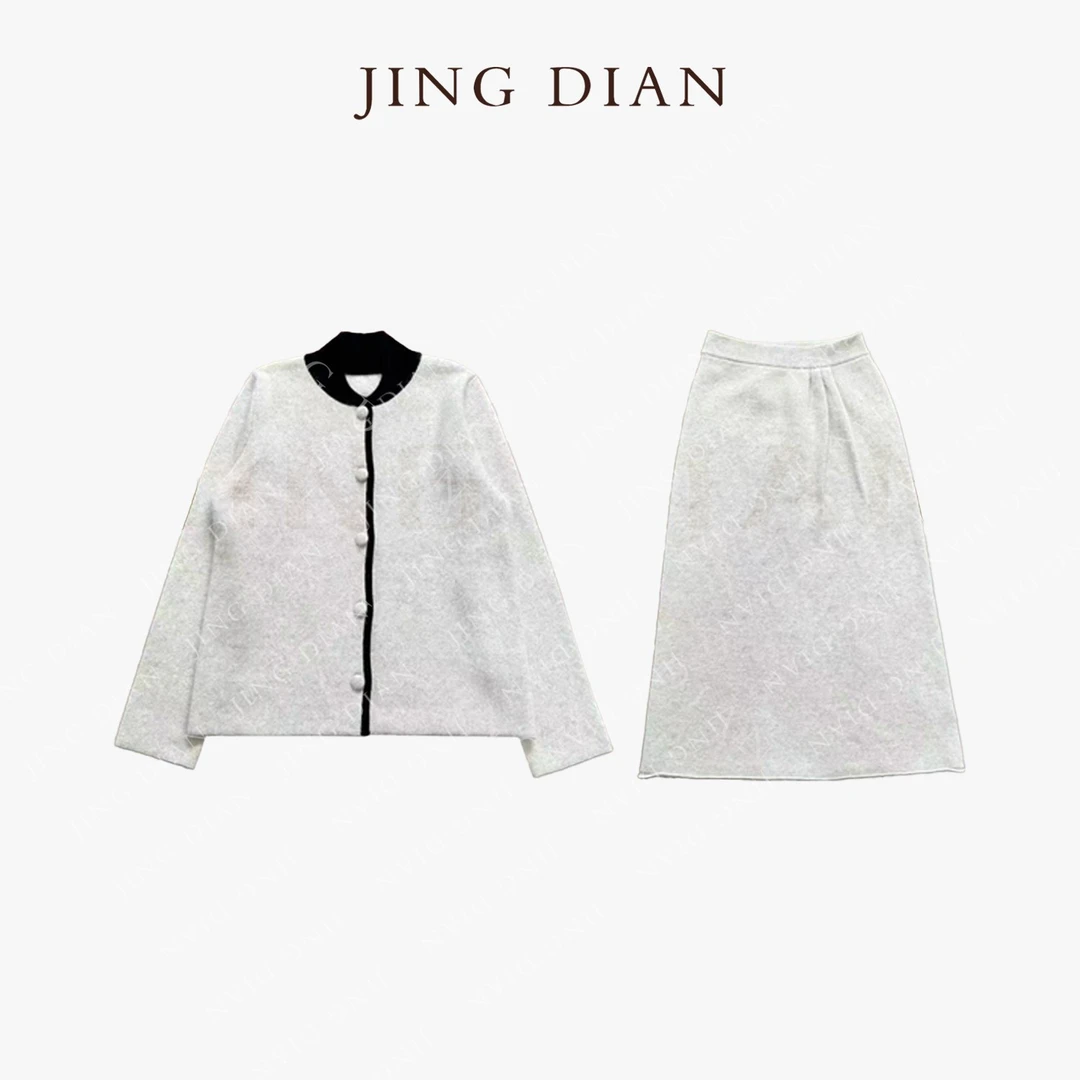 【JD】高定款花灰色浣绒针织撞色套装  时尚休闲气质百搭