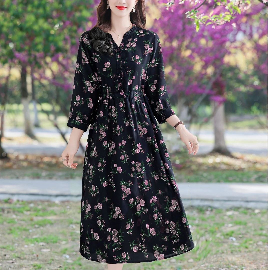 秋款丝缎七分袖黑色印花连衣裙 显瘦抽绳收腰大码妈妈装中长裙