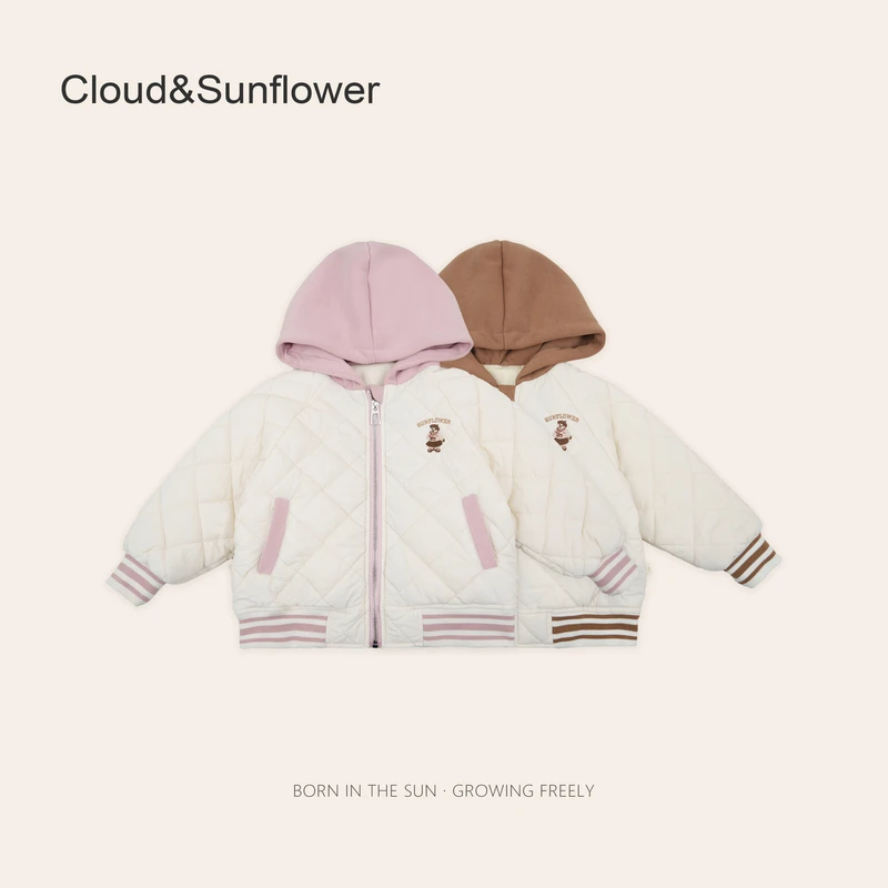 女童绫格绗棉撞色连帽小熊刺绣拉链款外套1113102