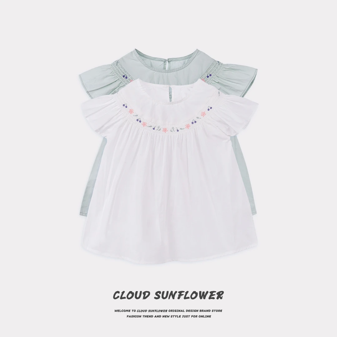 【云朵小葵】女童夏季捏褶刺绣气质娃娃衫1112323