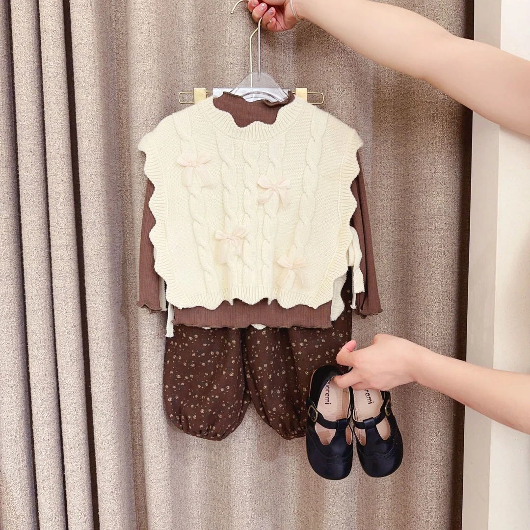 女童蝴蝶结麻花纹理秋季休闲马甲9001