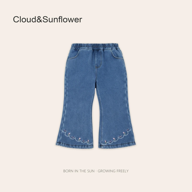 女童秋冬休闲时尚花边裤脚小花刺绣牛仔裤1113229