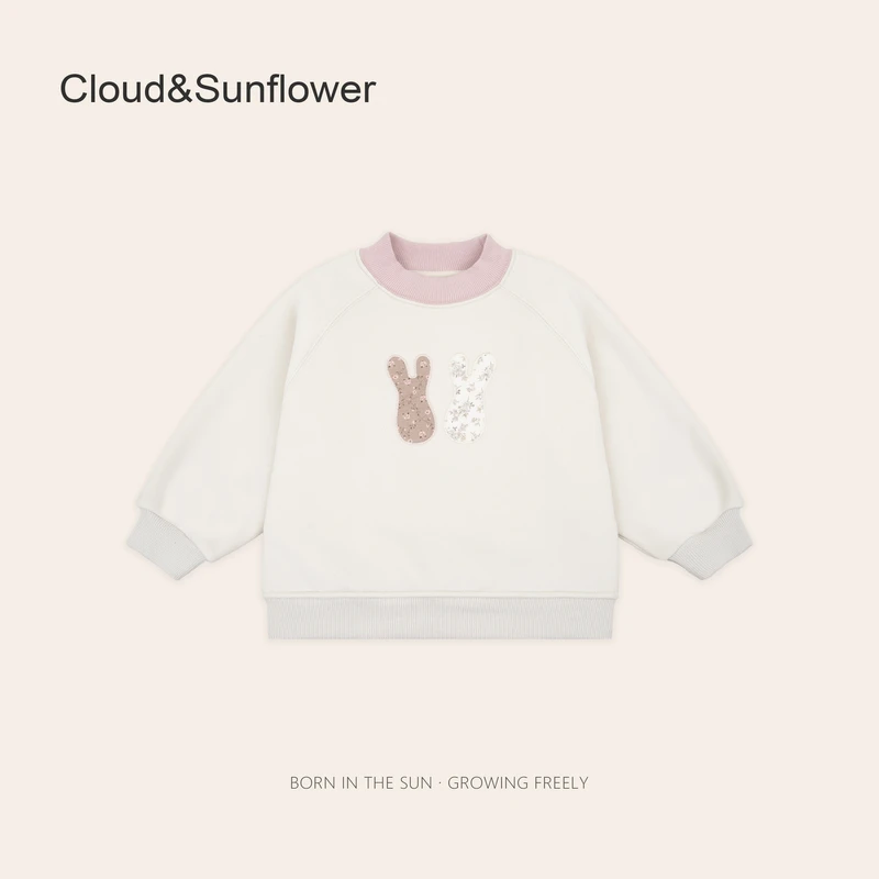 女童可爱两只兔耳朵碎花贴布圆领加厚百搭卫衣660531