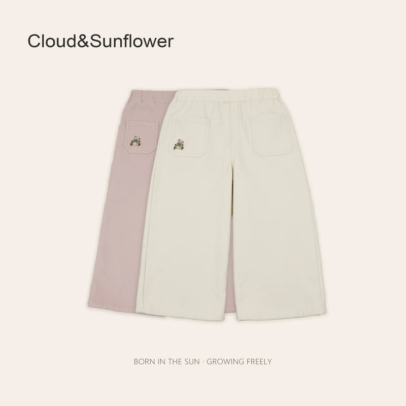 女童前兜可爱小熊刺绣粉色牛仔直筒裤283002