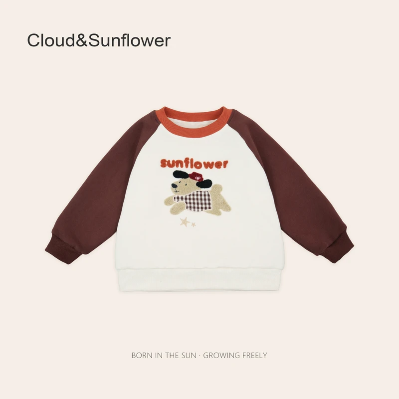 女童潮流洋气插肩拼色毛巾绣小狗卫衣1113254