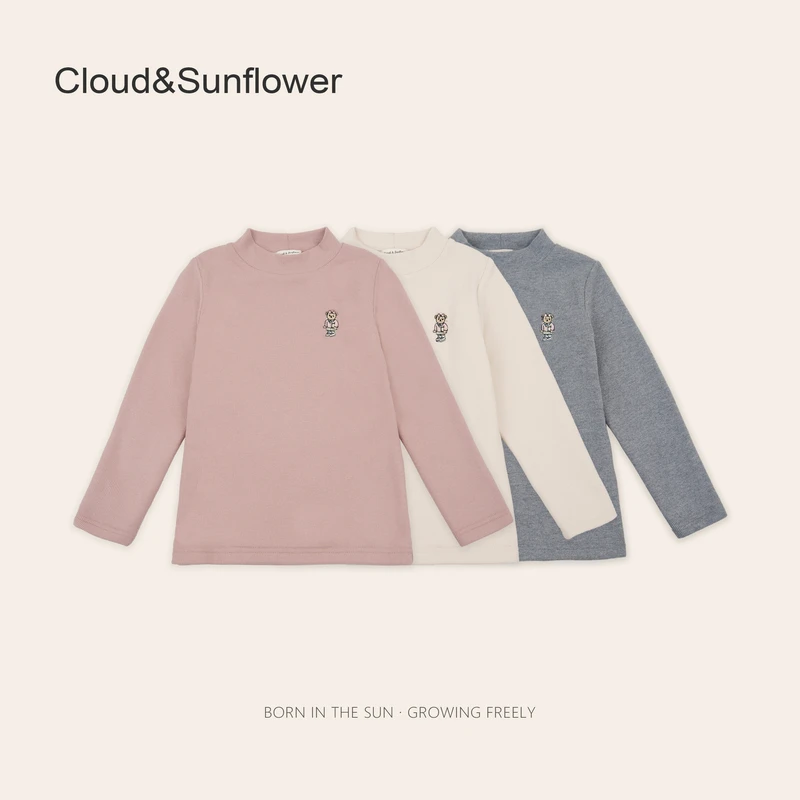 女童纯色半高领小熊刺绣冬季百搭打底衫246558