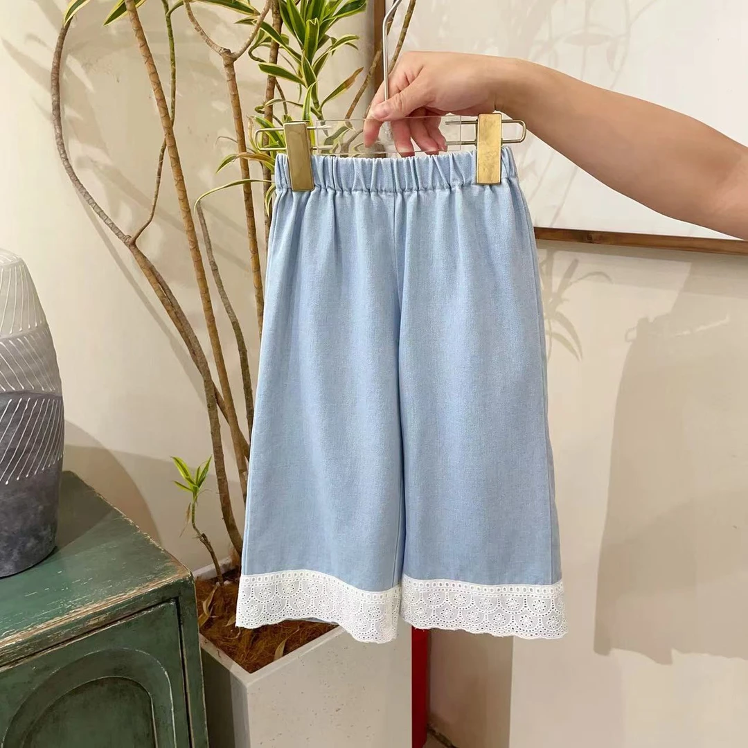 【1112301】女童蓝色蕾丝裤腿洋气休闲裤1112301