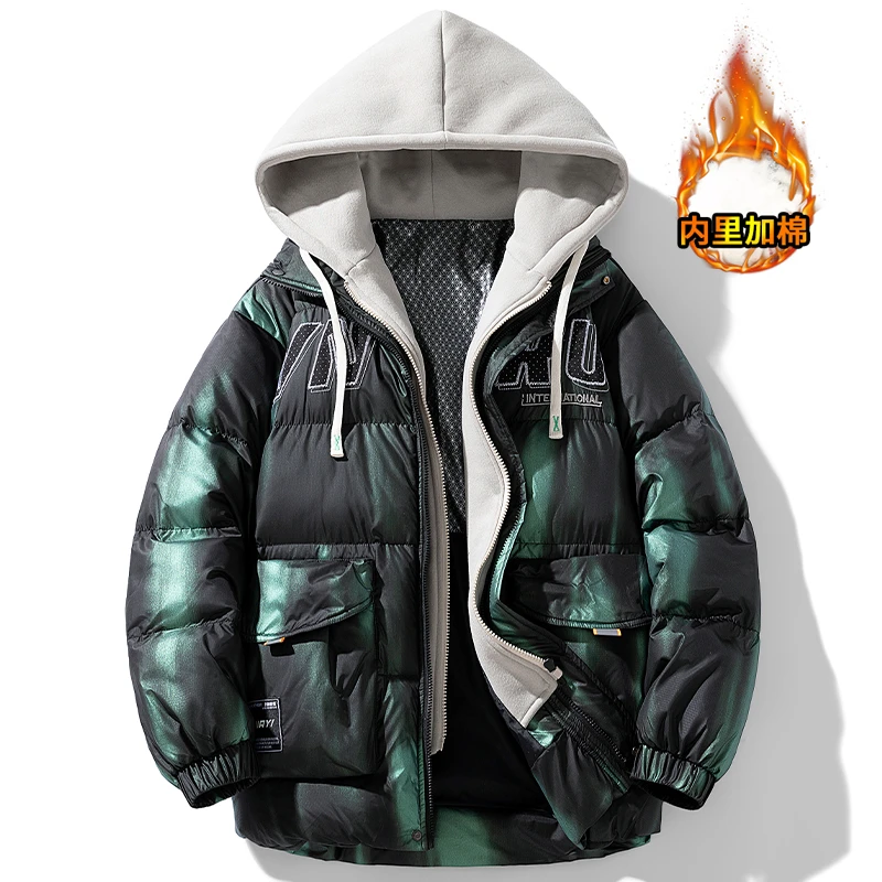 假两件石墨烯羽绒棉衣男士加棉加厚保暖连帽棉袄子潮牌棉服