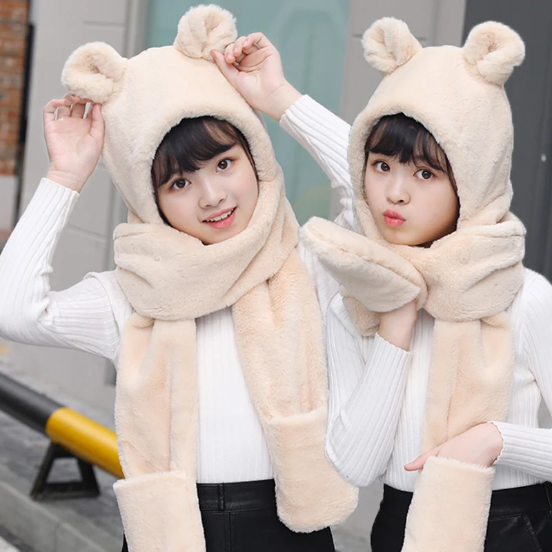 围脖帽子手套一体保暖三件套女孩秋冬天加厚韩版耳朵可爱儿童百搭