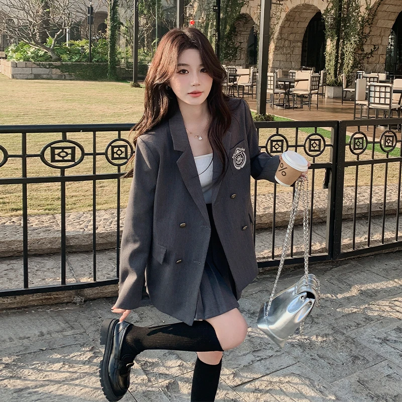 蓝海奕诺灰色学院风西装套装女2024春秋新款韩系西服百褶裙两件套