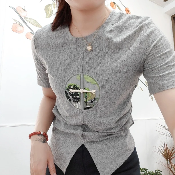 x针织棉新中式刺绣T恤